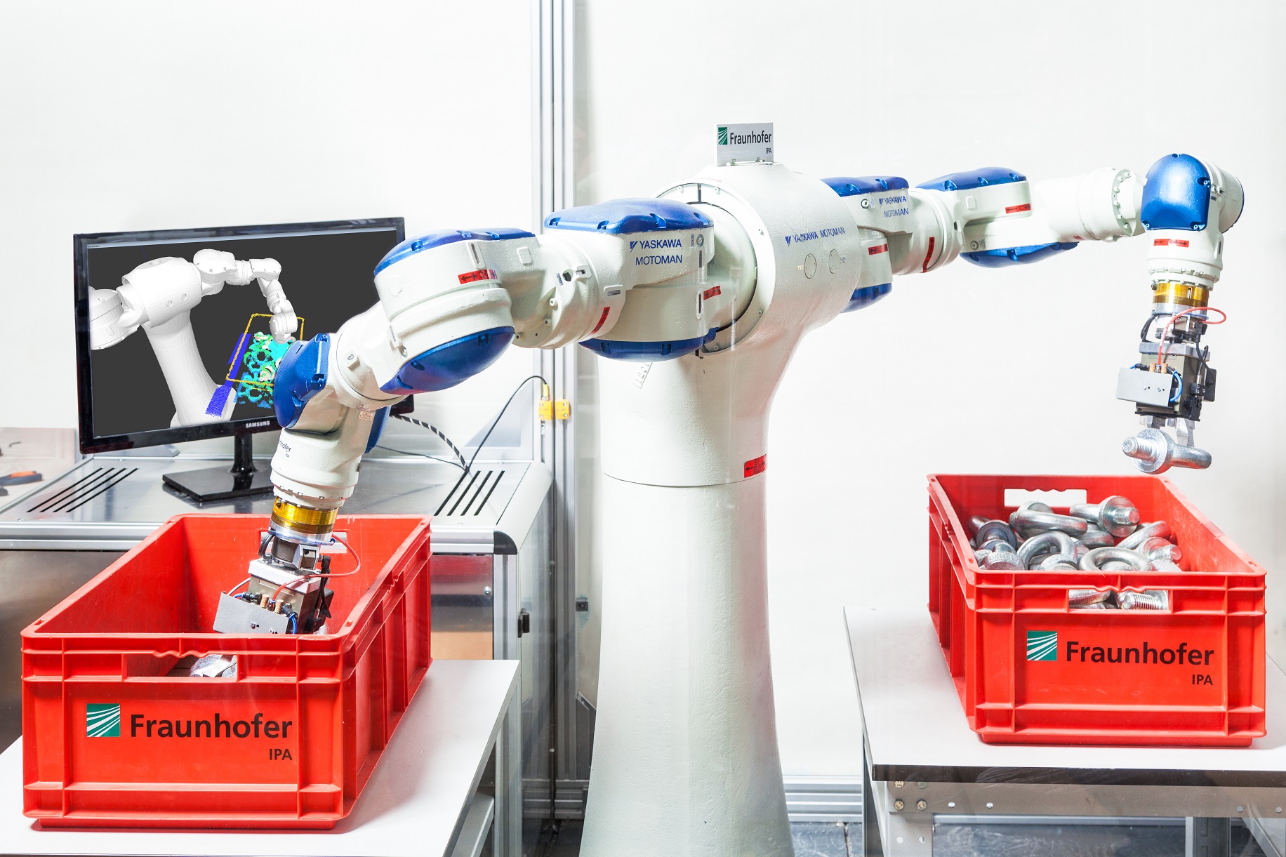 Zweiarmiger Roboter führt Griff-in-die-Kiste aus