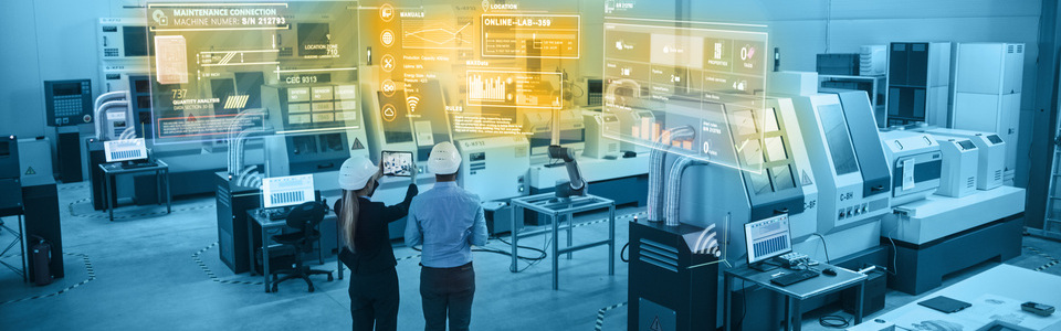 Industry 4.0 Factory: Two Engineers Uses Digital Tablet Computer with Augmented Reality Software to Connect with High-Tech Machinery, Robot Arm and Visualize Maintenance and Diagnostics of Equipment