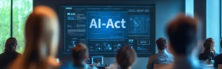People Attentively Watching a Presentation about AI on a Large Screen