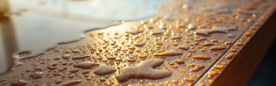 Surface in drops after rain. Droplet of water on wood and sunlight after rain