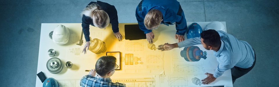 Team of Industrial Engineers Lean on Office Table, Analyze Machinery Blueprints, Architectural Problem Solving, Consult Project on Tablet Computer, Inspect Metal Component. Flat Lay Top Down View