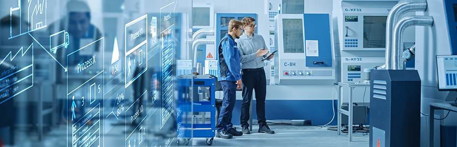 In Factory Workshop: Workers Use High-Tech Industrial CNC Machinery. Two Engineering Professional Talking and Using Digital Tablet.